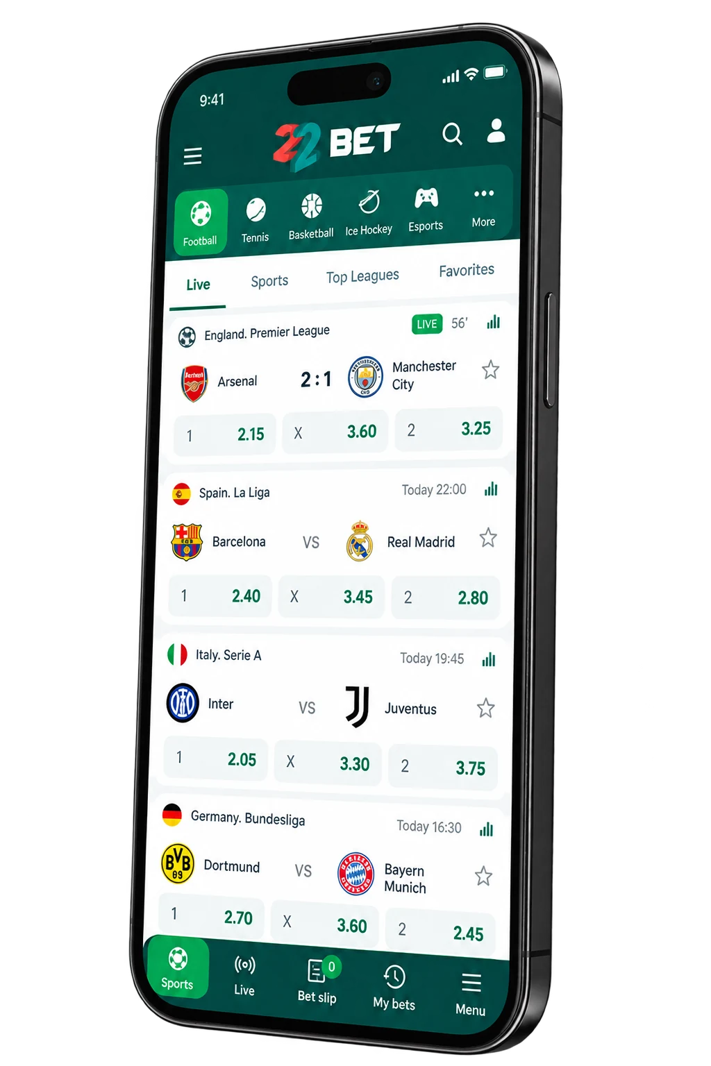 A 22bet mobilalkalmazás illusztrációja